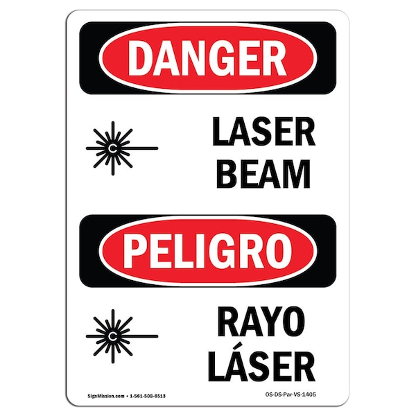 Signmission OSHA Danger Sign, Laser Beam, 10in X 7in Rigid Plastic, 7" W, 10" H, Bilingual Spanish OS-DS-P-710-VS-1405 - main
